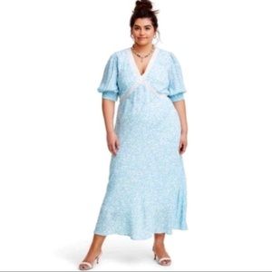 Rixo floral puff-sleeve lace inset swing dress